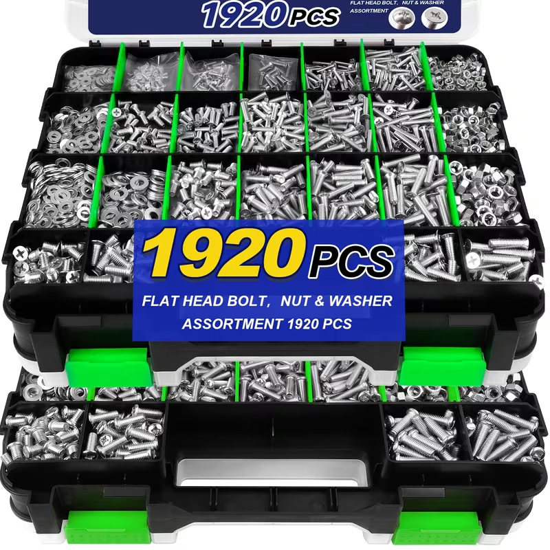Caja de tornillo transfronteriza 1920pcs acero inoxidable 304 Cabeza Redonda plana tornillo cruzado y tuerca juego de tornillo combinado