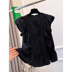 黒の V ネック小さなフライングスリーブシフォンベビードールシャツ女性の夏フレンチフリルノースリーブシャツショートシャツトップ