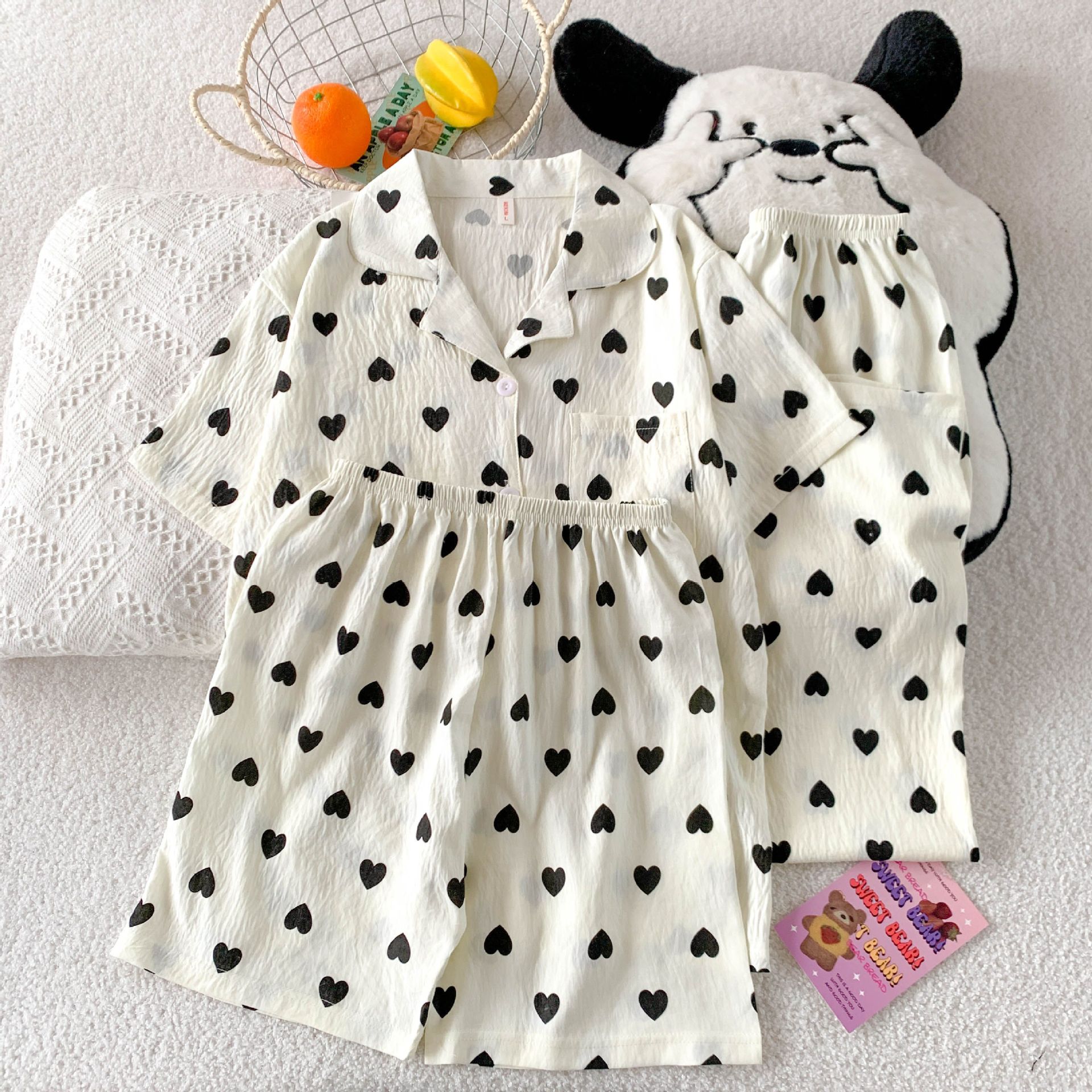 Volumen de carrera transfronterizo verano nuevo pijama amor de las mujeres pantalones cortos largos de manga corta traje de tres piezas de algodón nube ropa de hogar se puede usar afuera