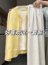 韩系温柔风套装设计感奶假两件针织开衫毛衣高腰阔腿裤两件套