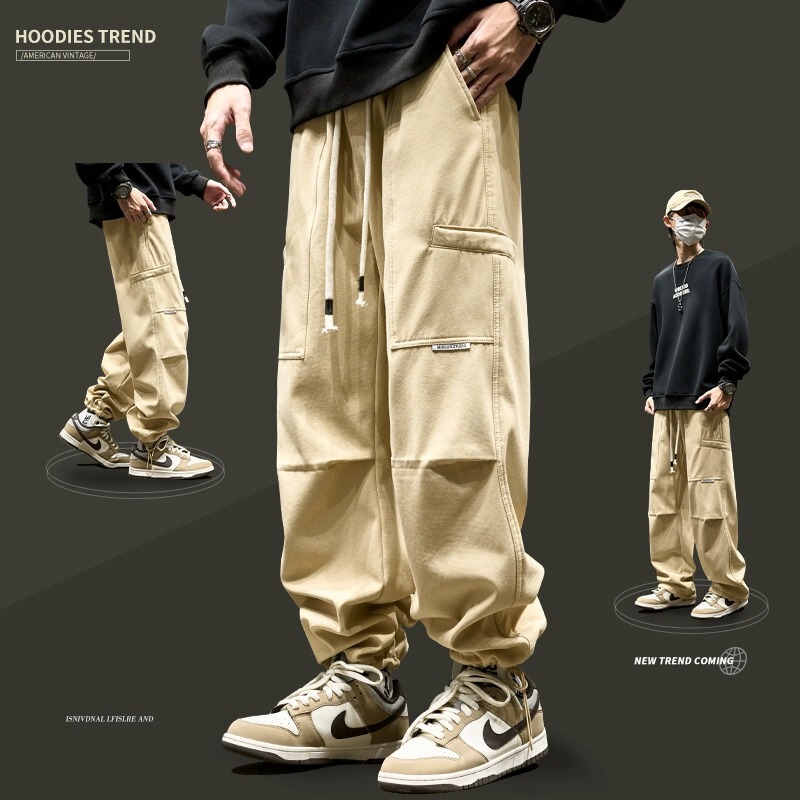 Overalls Men's Autumn and Winter Loose Pleated Drawstring Straight Pants Japanese Style Vintage khaki Stitching Trendy Brand Parachute Pants