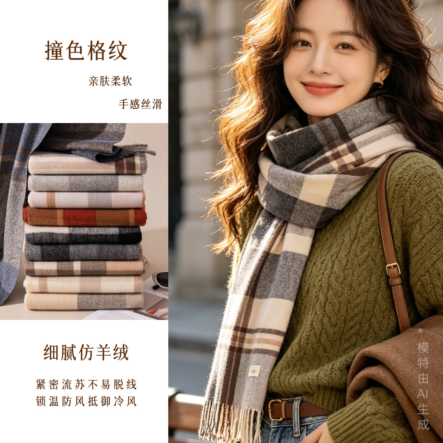 New College-Style Cashmere-Feel Plaid Scarf for Women, Versatile and High-End Feel, Women's Shawl, Cross-Border