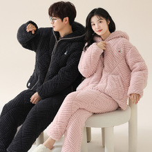 法兰绒情侣睡衣女冬季三层夹棉加厚加绒拉链款家居服珊瑚绒男女士
