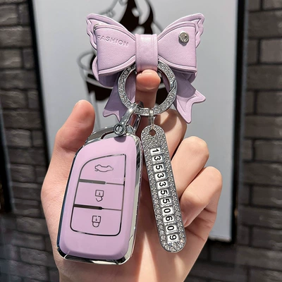 Car key bag – shell buckle - fengshen-type-a-smart-3-key-single-shell-purple-purple-bow-diamond-buckle-silver-number-plate