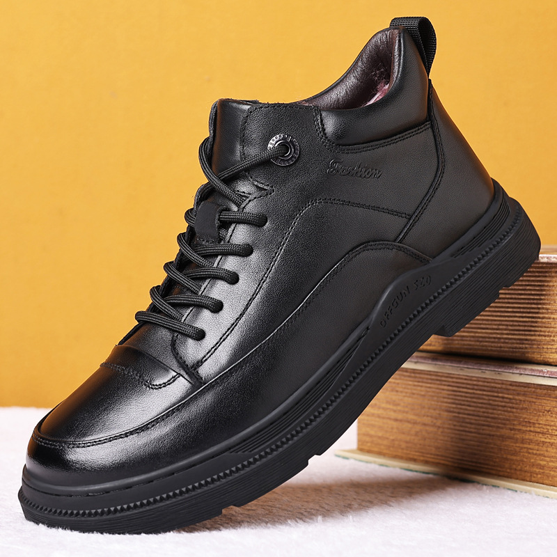 Invierno primera capa de piel de vaca de lana zapatos de algodón de los hombres de cuero genuino forrado de lana zapatos de cuero caliente casual de mediana edad papá zapatos de los hombres