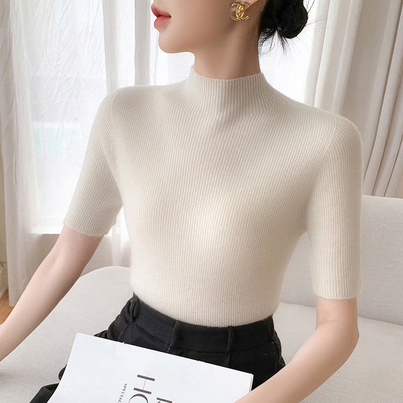 Cross-border, first-line brand, new autumn collection: women's knitted sweater, pullover style, half-high collar, short-sleeved, slim-fit base layer