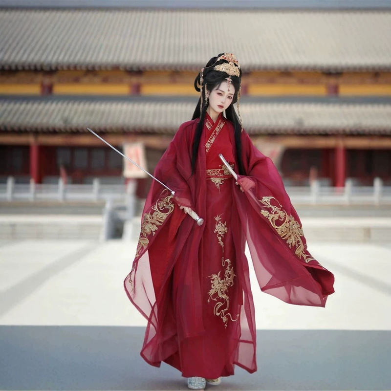 Unisex Cross-Collar Wide-Sleeve Hanfu with Intricate Dragon and Phoenix Gold Thread Embroidery, Martial Arts Style, Red and White Two-Tone Ancient Style Photo Shoot