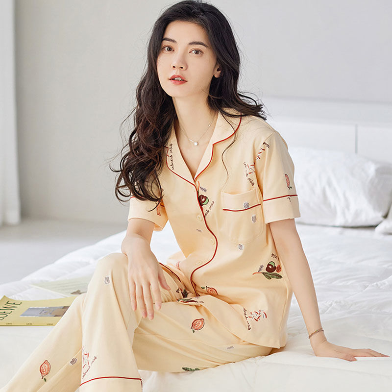 100% pijamas de algodón de verano de las mujeres pantalones de manga corta cardigan dulce verano Delgado homewear traje