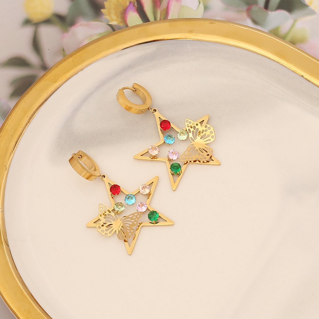 Exaggerated Star Heart Shape Butterfly Stainless Steel Inlay Rhinestones Earrings 1 Pair