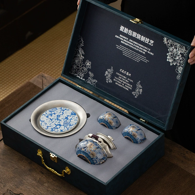 Tea set, enamel, teapot, high-end box, silver 999 sample, Birthday gift
