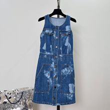高品质花卉印花牛仔无袖连衣裙复古洗水新中式水墨画中国风背心裙