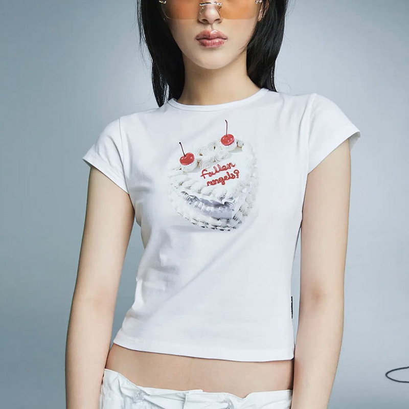 Q23TP242 Fashion and trendy solid color cake printed short navel-open round neck top women's clothing 2023 summer new style