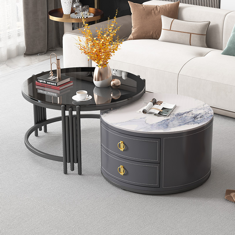 Mesa de centro moderna de lujo ligero de celebridades de Internet, balcón de la sala de estar nórdica, mesa de té de vidrio redonda, mesa de centro de pizarra de tamaño pequeño para el hogar