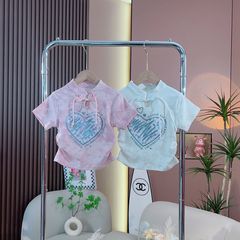 女童寶寶2024夏季新款洋氣休閒上衣短袖兒童國風時髦收腰愛心T恤