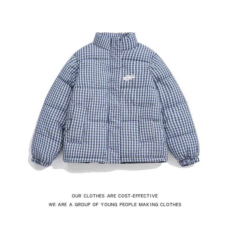 新款冬季蓝格子棉衣外套男女立领运动刺绣面包服潮牌青年休闲棉服