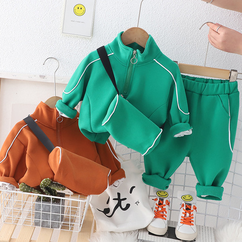 Boys' Spring and Autumn Set Trendy  New Autumn Outfit Crossbody Bag Long Sleeve Hoodie Two-Piece Set Baby Autumn Style Fashion