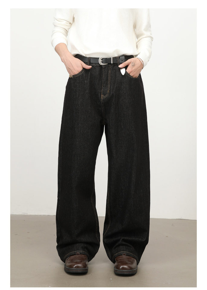 Quần jeans nam dáng rộng ống thẳng màu bò đen nguyên bản, túi thêu họa tiết, lưng giữa — Bò đen sống chi tiết 4
