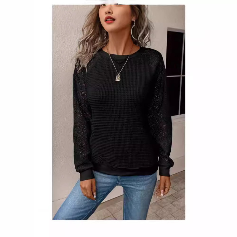 2025 Independent Platform Amazon Autumn New Plus Size Women's Round Neck Long Sleeve Lace Patchwork Shirt Blouse