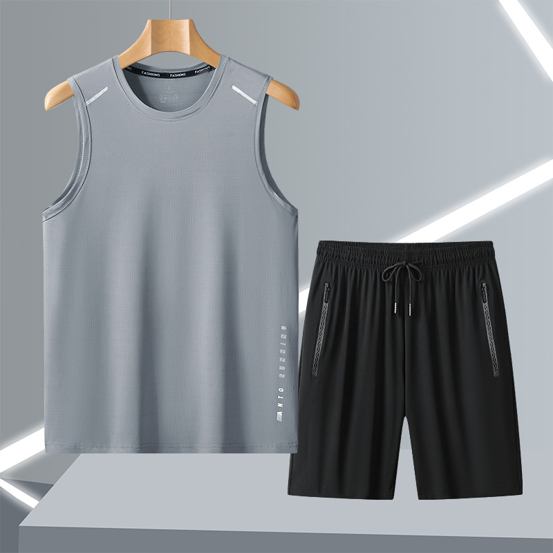Suit de secado rápido sin mangas para hombres chaleco de hielo suelto pantalones cortos deportivos de verano grande conjunto de camiseta universal