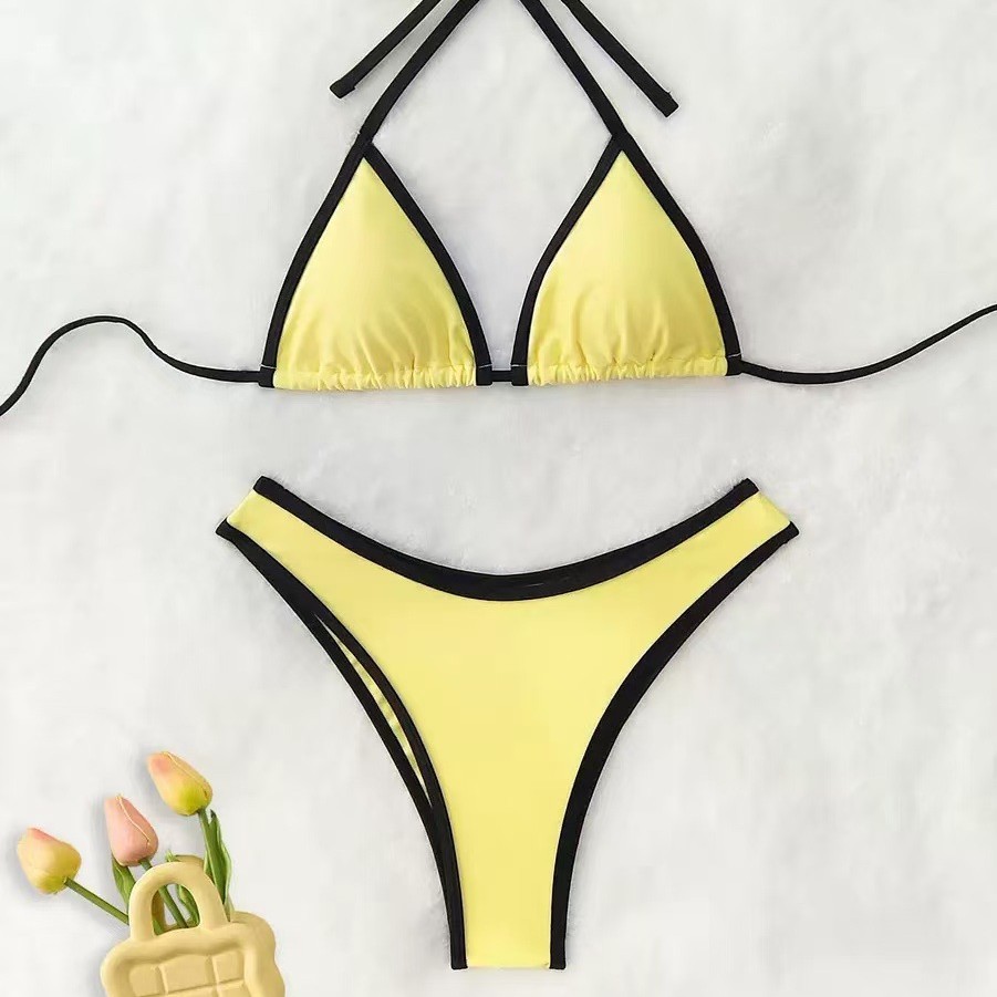 2025 New Pure Color Women's Split Sexy Triangle Color Matching Bikini European and American Lace-Up Beach Hot Spring Swimsuit