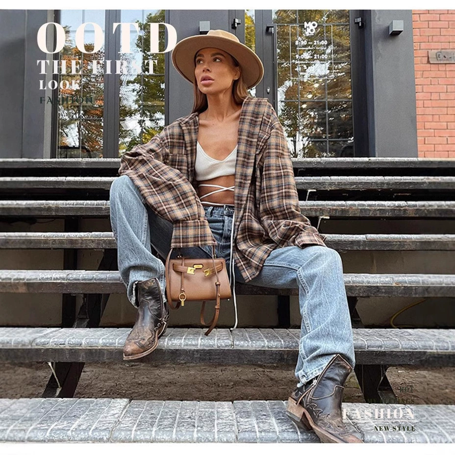 Трансграничная 2024 осень и зима американский ретро-стиль в клетке с рисунком POLO воротник рубашка дизайн