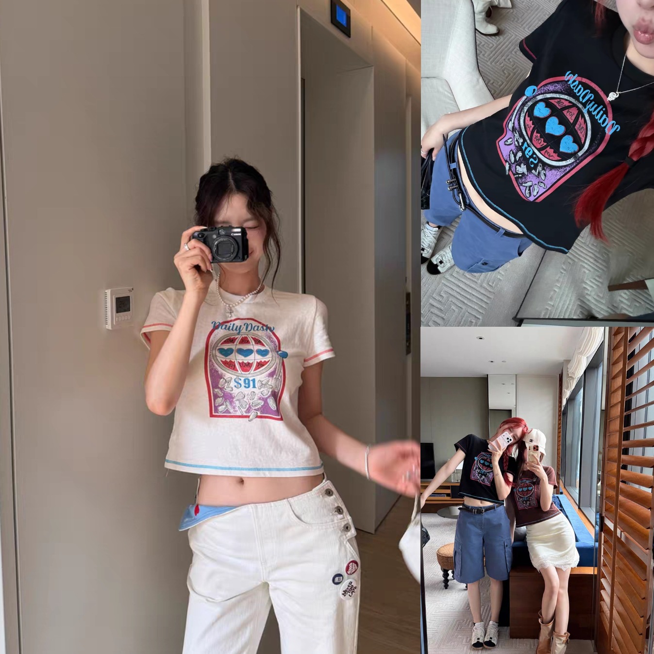 【Heartbeat Melody】Loose-fitting, relaxed print, color-blocked stitching, crew neck, short-sleeved T-shirt, 26198