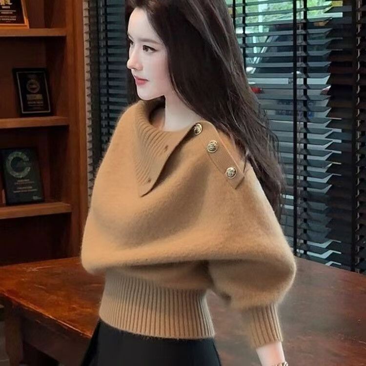 New Cross-Border Style Asymmetrical Shoulder Buckle Light Luxury Autumn and Winter Sweater for Women, Fashionable Pullover with a Stylish Vibe, Brown Knitted Top New Cross-Border Style Asymmetrical Shoulder Buckle Light Luxury Autumn and Winter Sweater for Women, Fashionable Pullover with a Stylish Vibe, Brown Knitted Top
