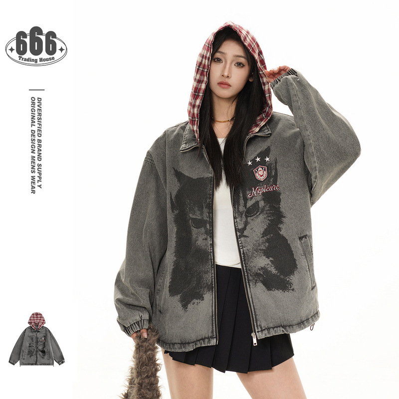 Beast Street American Trendy Brand Old Retro Hooded Denim Jacket Men's Loose Casual Trendy Brand Ck009