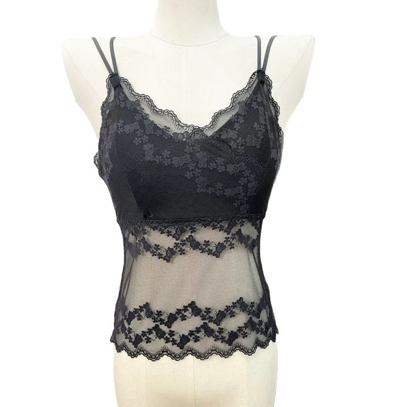 Camisola de espalda de belleza de encaje francés para mujer con almohadilla para el pecho con doble correa interior y exterior sexy camisola larga para mujer