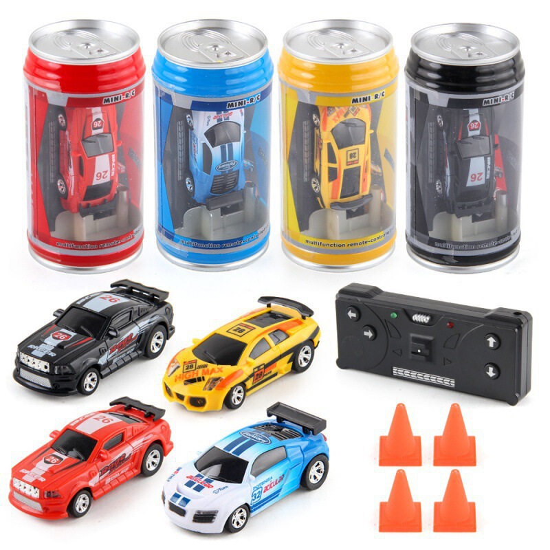 Mini Kidsren's Canned Remote Control Car, Canned Remote Control Car, Four-Way Wireless Racing Car with Roadblock, Coke Can Car