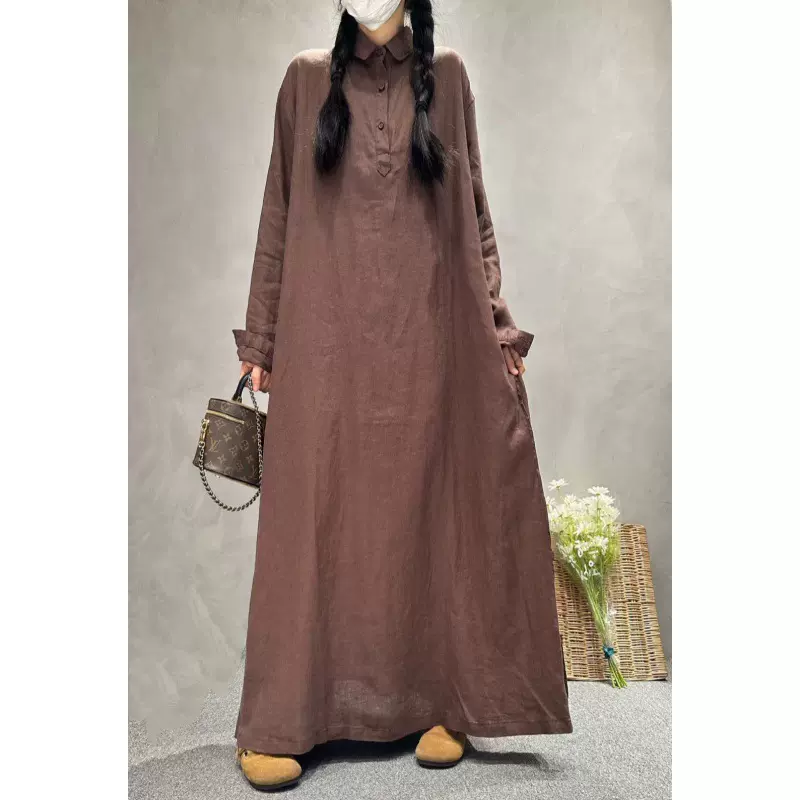 亚麻纯色简约百搭宽松大码显瘦连衣裙2024新款文艺休闲连衣裙女装