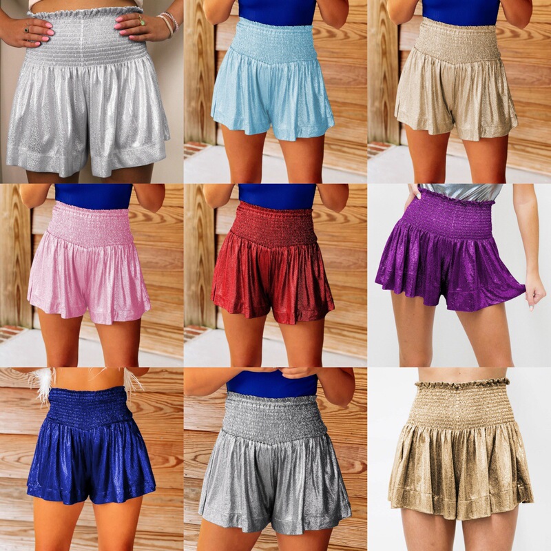 2025 European and American Summer Women's Clothing Amazon New Casual Sports Pants Loose Elastic Waist Sexy Shiny Shorts