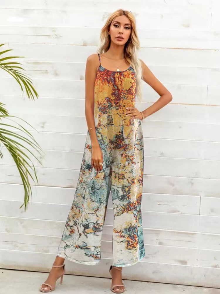 La estación independiente de Amazon transfronteriza europea y estadounidense desea ropa de mujer de comercio exterior nueva impresa pantalones sueltos de pierna ancha mono