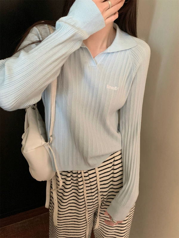 藏青色polo领针织衫女早秋季秋冬内搭打底衫薄款翻领针织上衣毛衣|undefined