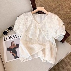 夏の新型の子供の襟のシフォンのシャツの女性の泡の袖の気質は合わせて着痩せしています。