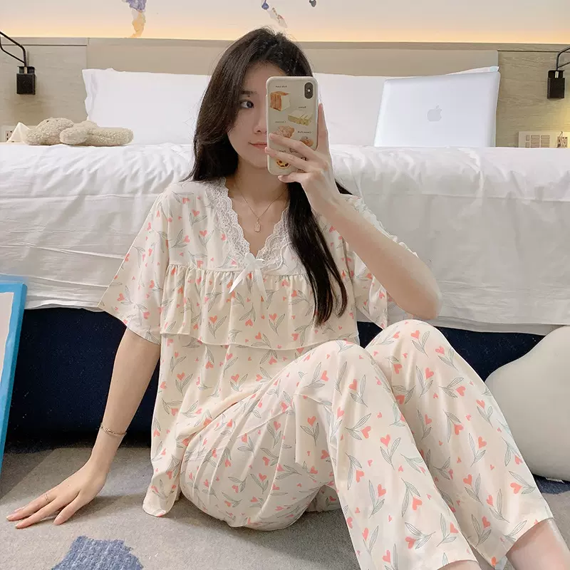 2024新款碎花棉绸睡衣女夏季ins蕾丝公主风宽松防凸点家居服套装