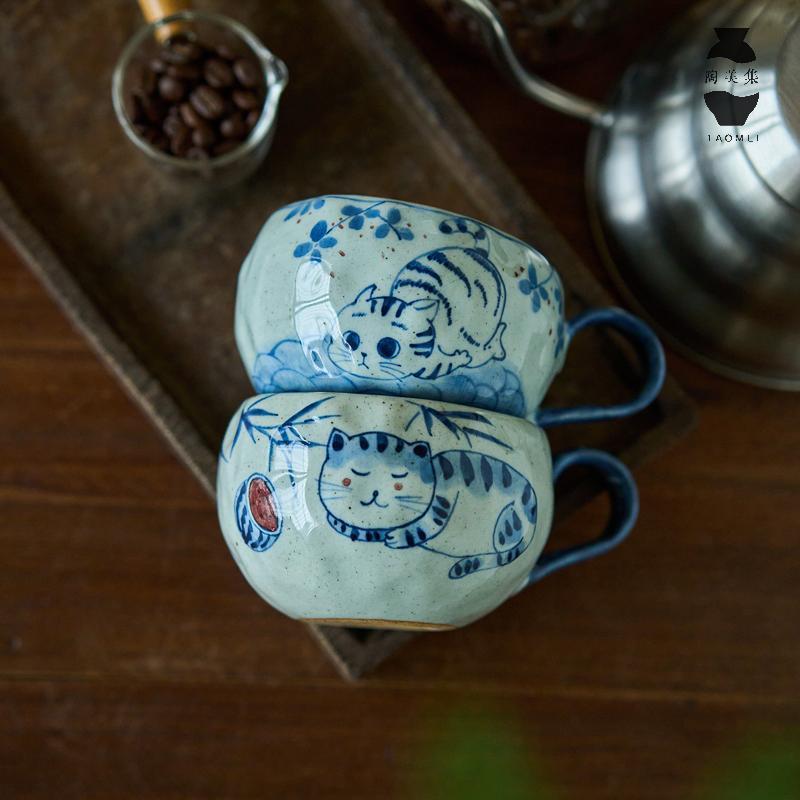 Tao Meiji 手描き青と白の磁器コーヒーカップ手作りかわいい猫マグ家庭用セラミックウォーターカップ朝食カップ|undefined