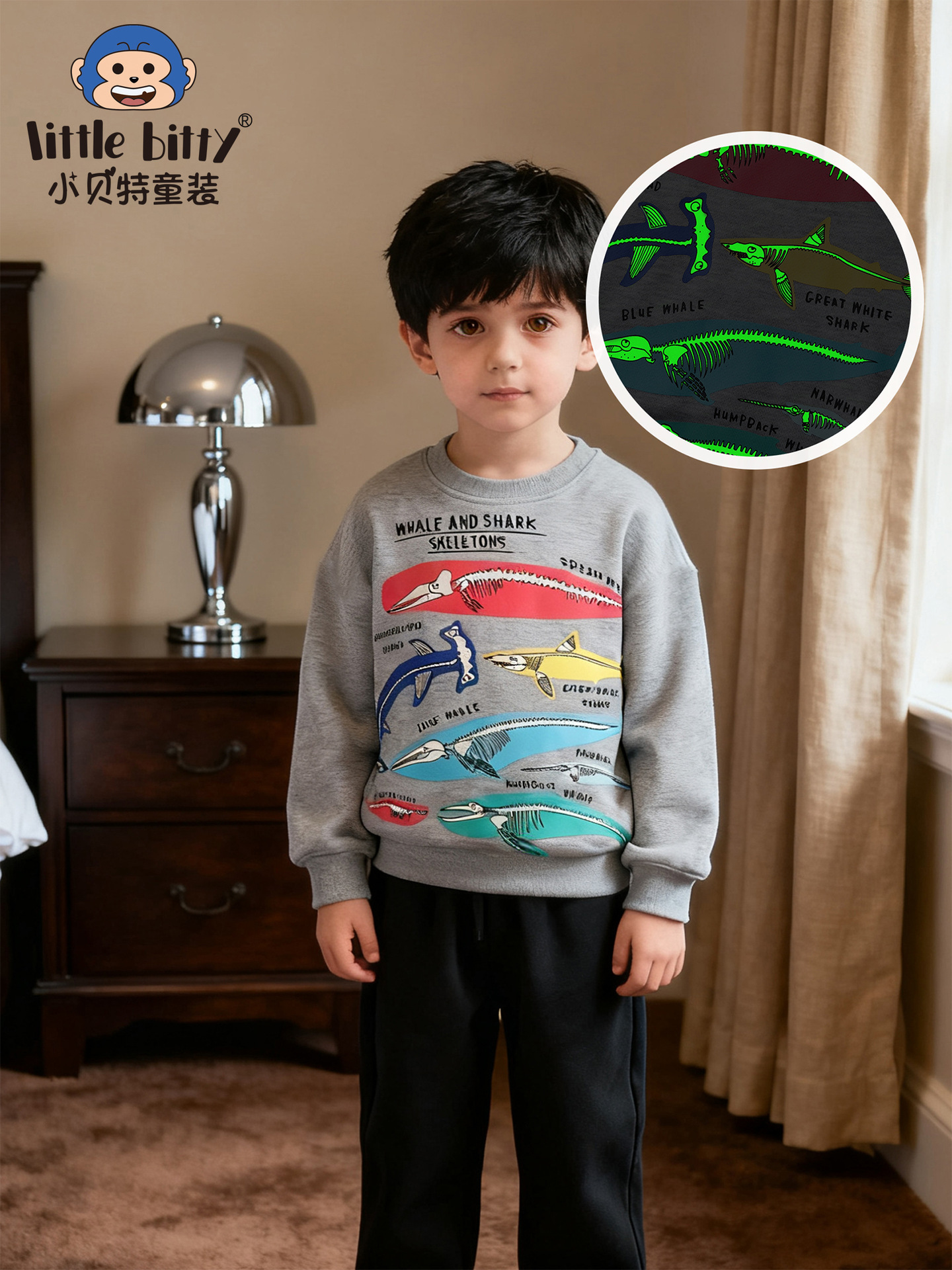 Cross-Border Children's Clothing Autumn and Winter Children's Long-Sleeved Sweatshirts European and American Style Cartoon Dinosaur Print Luminous Tops Ready for Sale