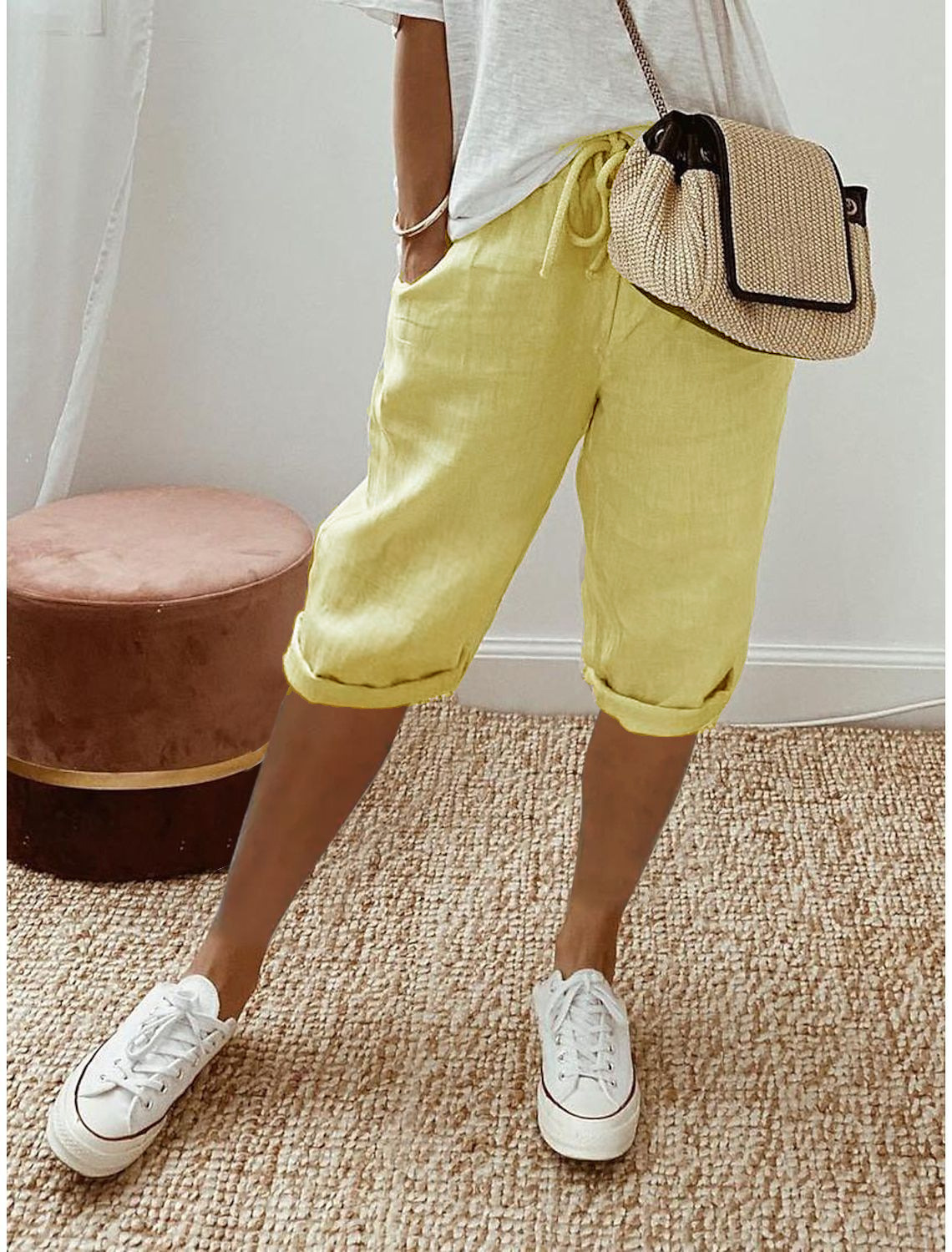 Women's Cotton Linen Casual Pants With Pockets Elastic Waist Five Point Khaki Style_ecoleips.com