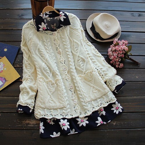 New Japanese Sen women's hollowed-out twist rimmed sweater cardigan solid color button knitted short coat for women's autumn and winter