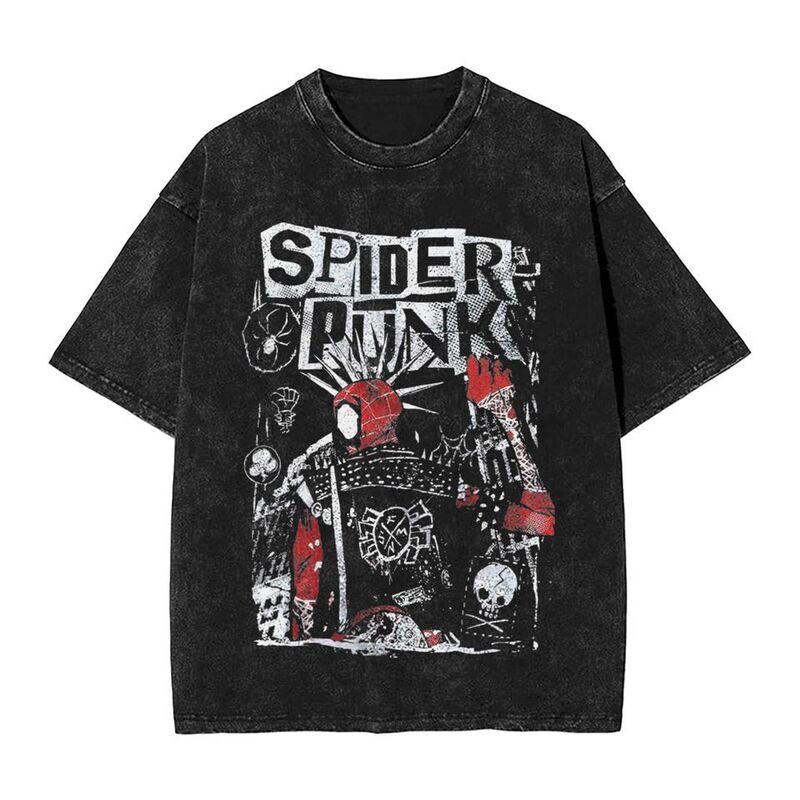 Spider Punk Spiderman Cartoon Shirt Washed Style Men Women Cotton T-Shirt Clothes