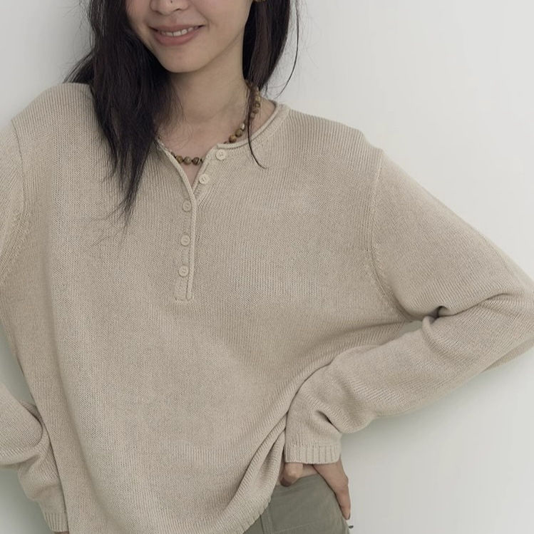 FW26 Delicately Textured Eco-Friendly Paper Yarn Knit Sweater with Buttoned Front Collar and Long Sleeves FW26 Delicately Textured Eco-Friendly Paper Yarn Knit Sweater with Buttoned Front Collar and Long Sleeves