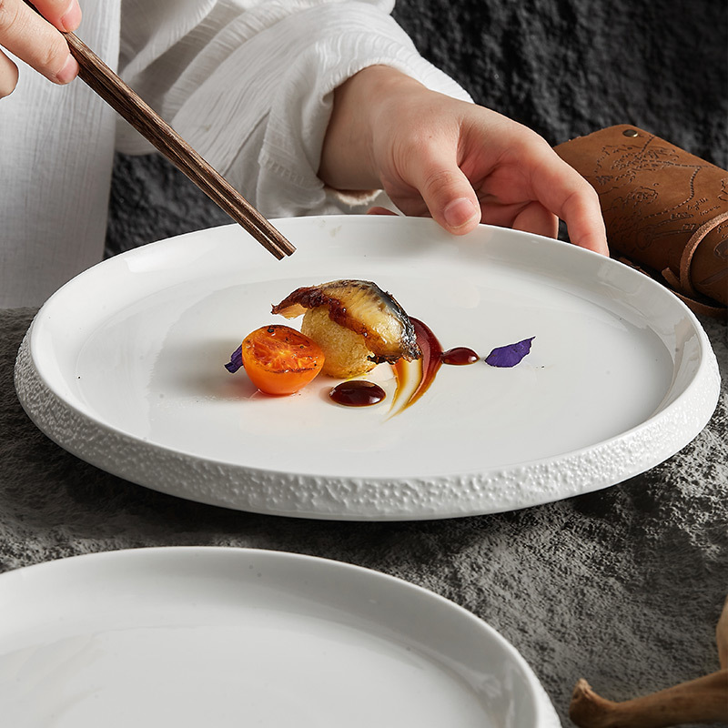 Dehua White Porcelain Specialty Hotel Tableware Stone Pattern Edge Creative Dish Plate Household Ceramic Artistic Conception Dish Steak Western Food Plate