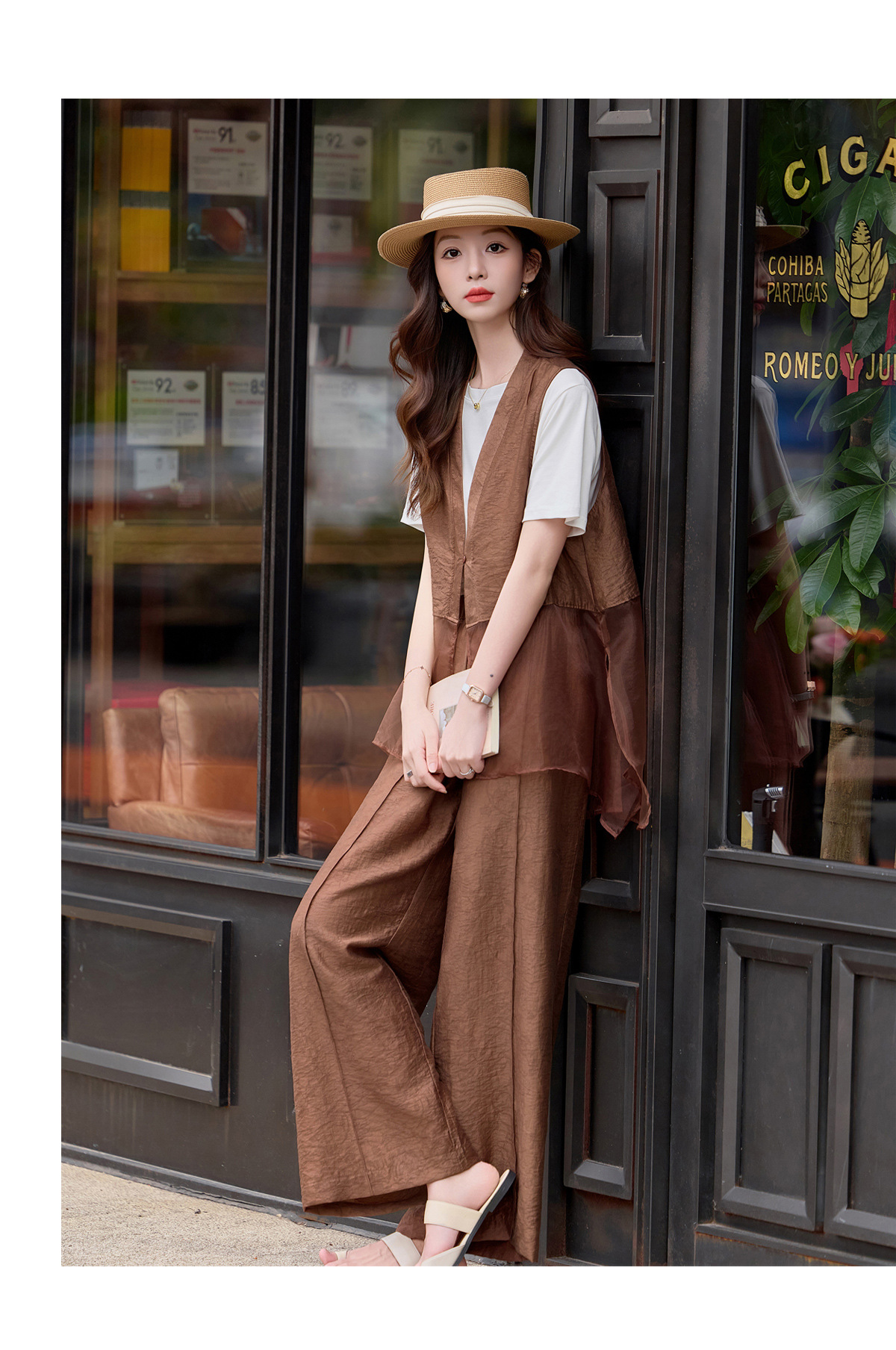 Bộ quần áo nữ V-neck vest kết hợp quần ống rộng hai mảnh mùa hè 2026 — màu đen, màu cà phê chi tiết 15