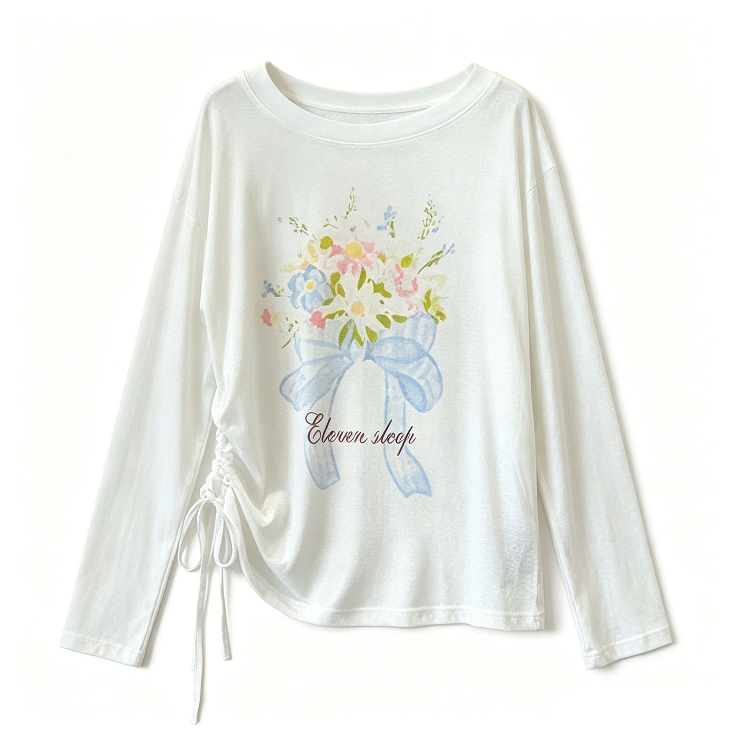 Women's White Off-Shoulder Long Sleeve Sun Protection T-Shirt Summer Loose Fit Drawstring Floral Print Cover-Up Top_ecoleips.com