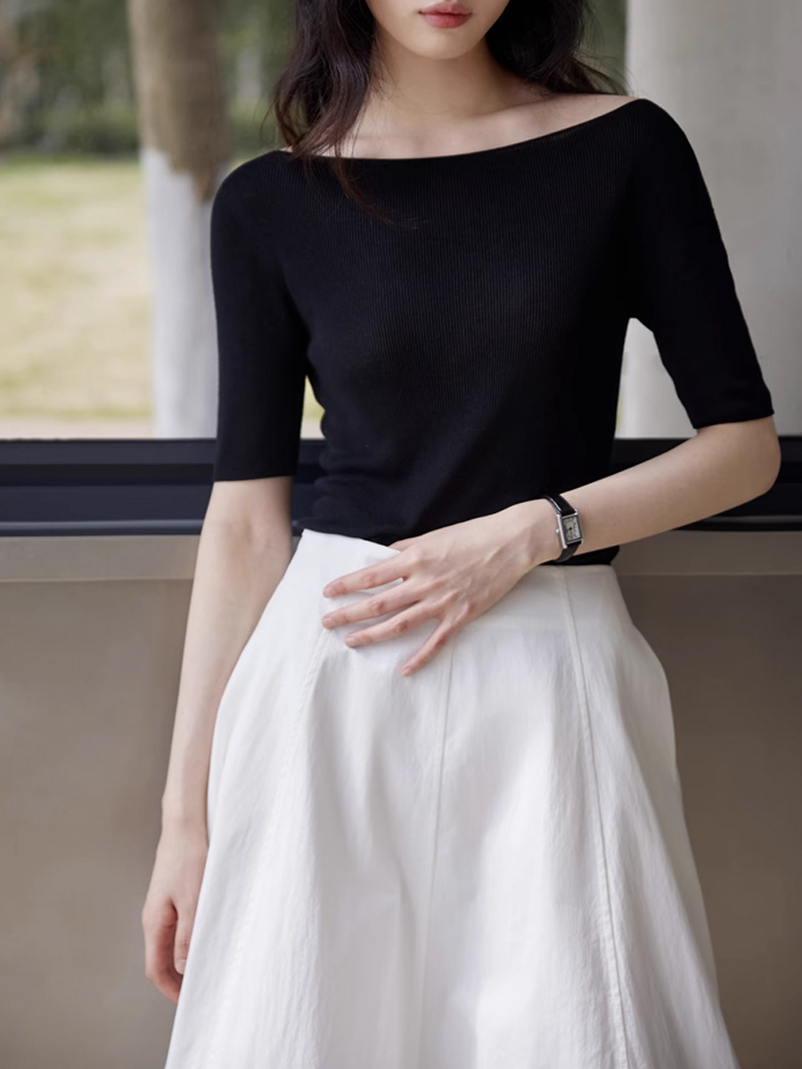 Áo dệt kim Tencel tay lỡ cổ chữ I kiểu Pháp nữ mùa hè — Màu đen