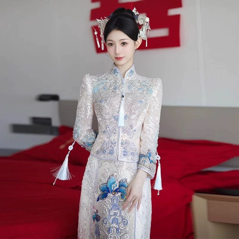 High-End Summer Thin Chinese-Style Xiuhe Suit 2025 Slimming Wedding Ice Blue White Moonlight Xiuhe Slim-Fit Bride High-End Summer Thin Chinese-Style Xiuhe Suit 2025 Slimming Wedding Ice Blue White Moonlight Xiuhe Slim-Fit Bride