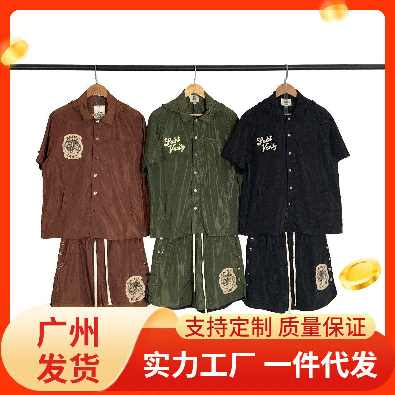 Cross-border foreign trade European and American style "saint" letter towel embroidery hooded short-sleeve shirt and high street casual shorts set for men and women