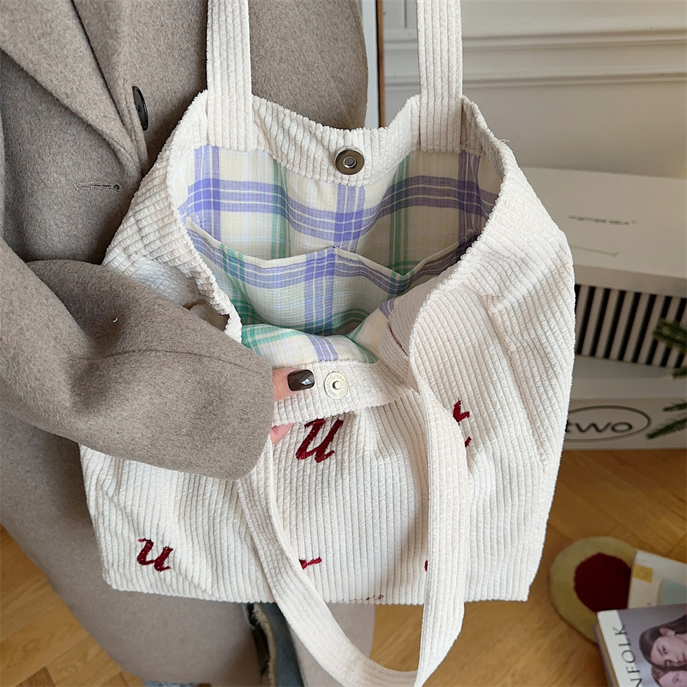 310262 embroidered letter future corduroy single-shoulder Maillard color hand-held canvas bag Women's tote bag undefined