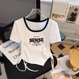 夏季冰丝女童体恤短袖儿童抽绳不规则短款上衣薄款凉爽绑带打底衫